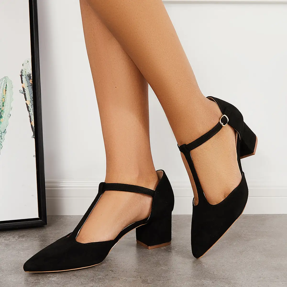 Pointed Toe T-Strap Pumps Ankle Strap Block Heel Shoes