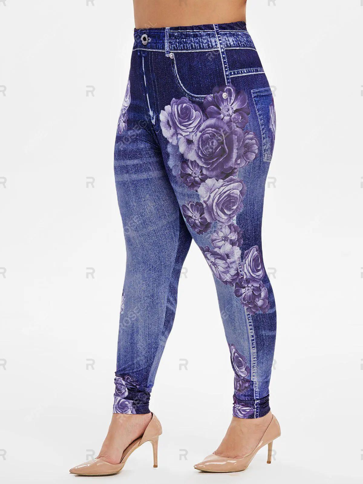 Lavender Ruffled 2 in 1 Tee and Floral Print 3D Jeggings Plus Size Summer Outfit