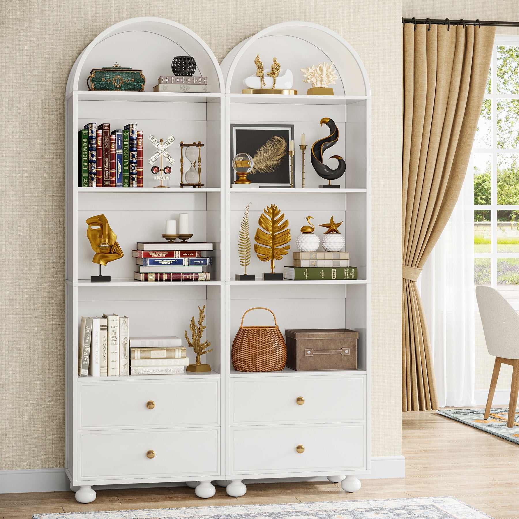 Wooden Bookcase, Arched Bookshelf with 2 Drawers and 4 Shelves