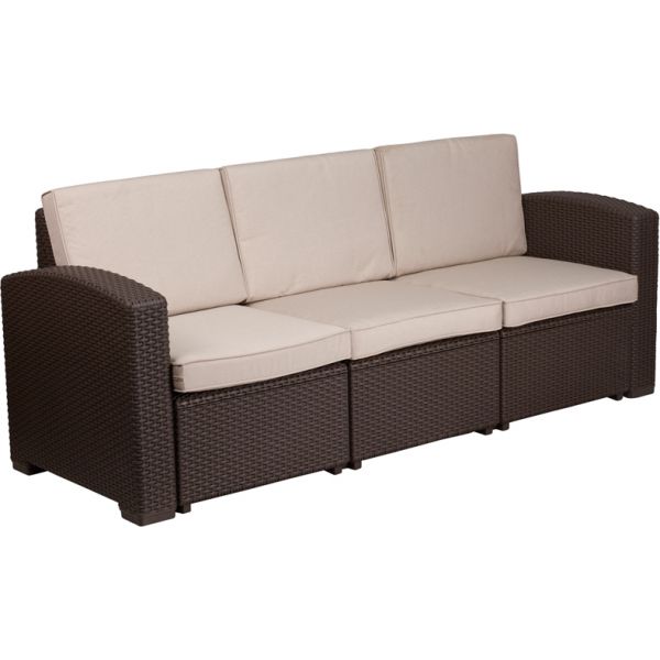 Seneca Chocolate Brown Faux Rattan Sofa with All-Weather Beige Cushions