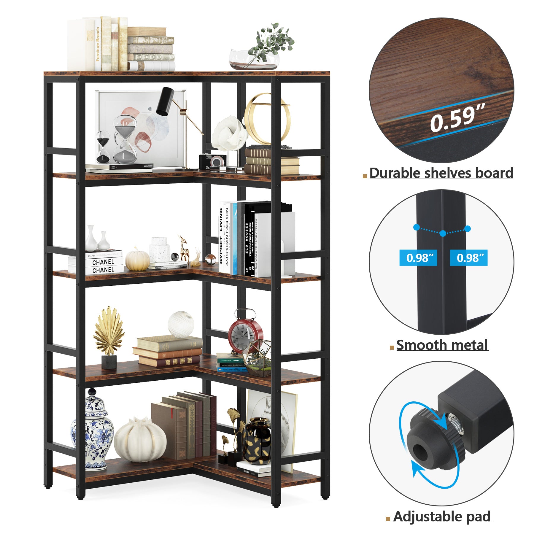 Industrial Corner Bookshelf, 5-Tier/7-Tier Bookcase Etagere Display Rack