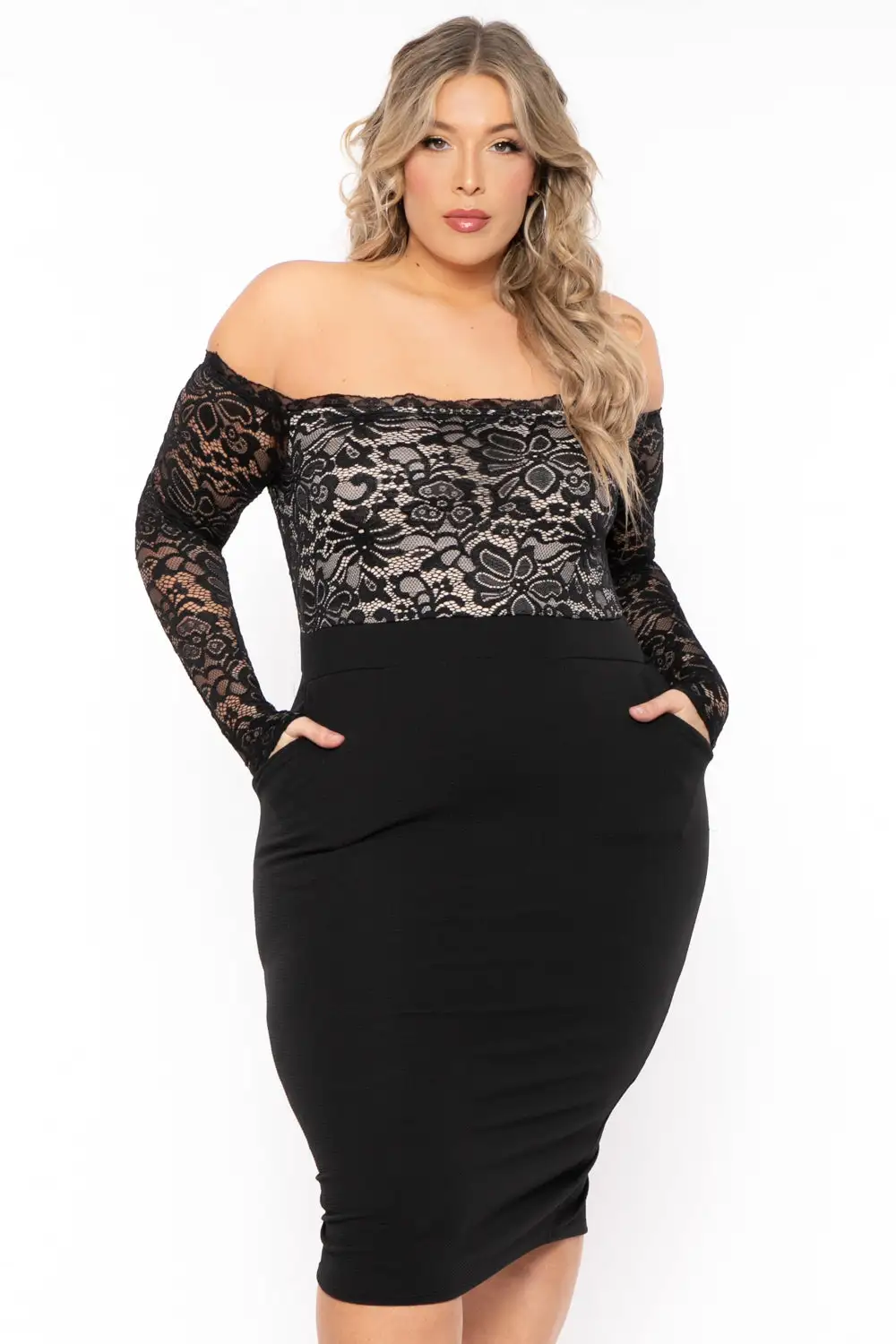 Plus Size Yadira Lace Top Midi Dress - Black