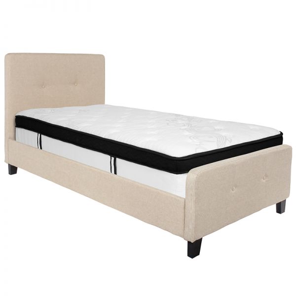 Tribeca Twin Size Tufted Upholstered Platform Bed in Beige Fabric with Memory Foam Mattress