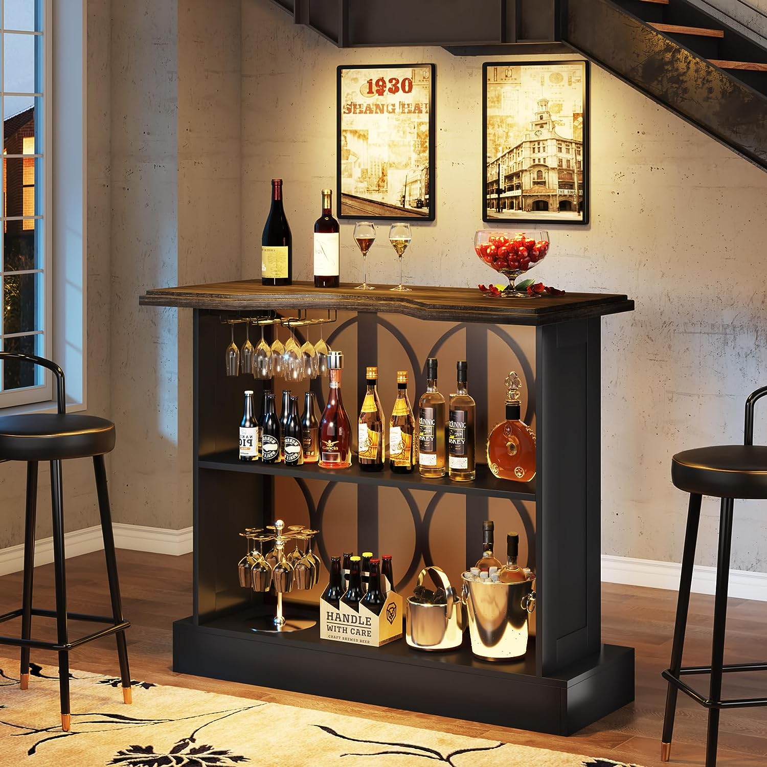 3-Tier Home Bar Unit, Liquor Bar Table with Glasses Holder & Acrylic Front