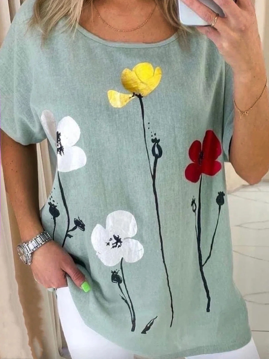 Cotton Linen Floral Print Short Sleeve Shirt