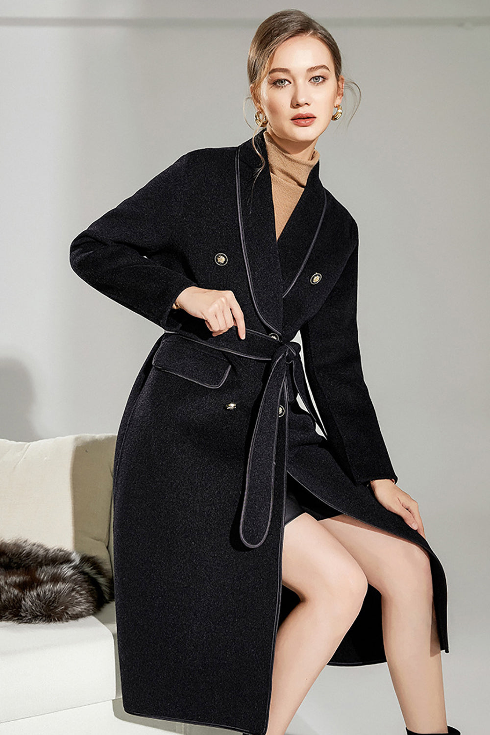 Black Double Breasted Lapel Neck Long Wool Coat with Belt