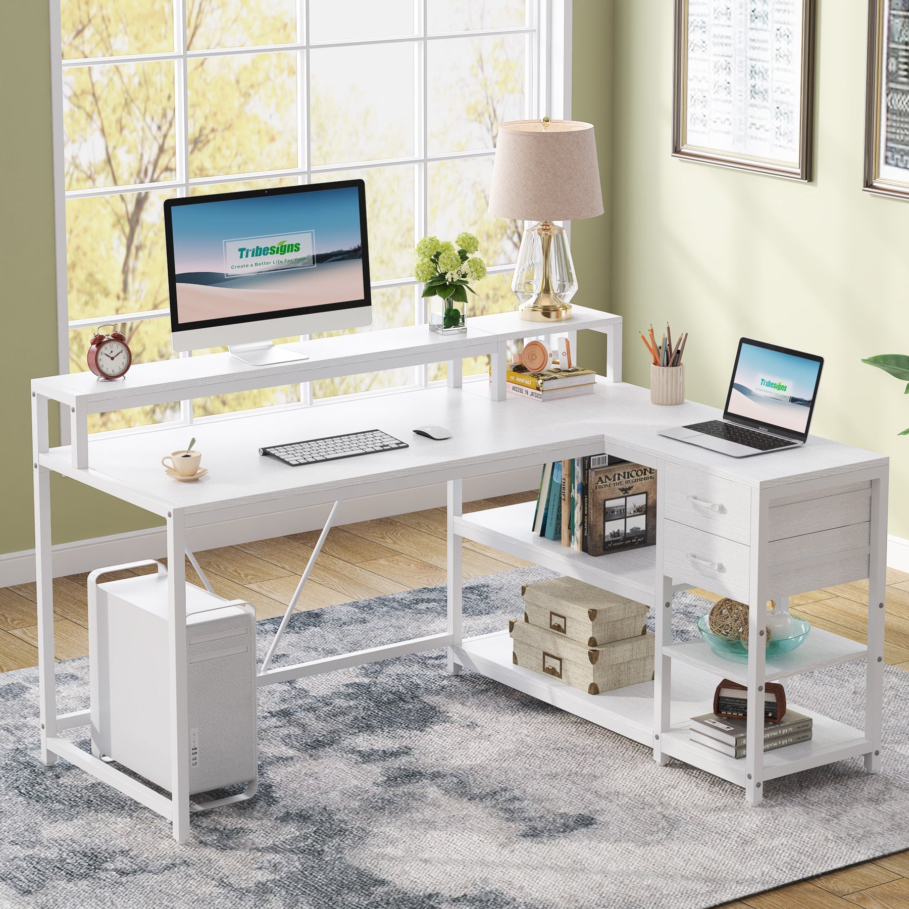 Reversible L-Shaped Desk, Industrial Corner Desk with Drawer & Shelves