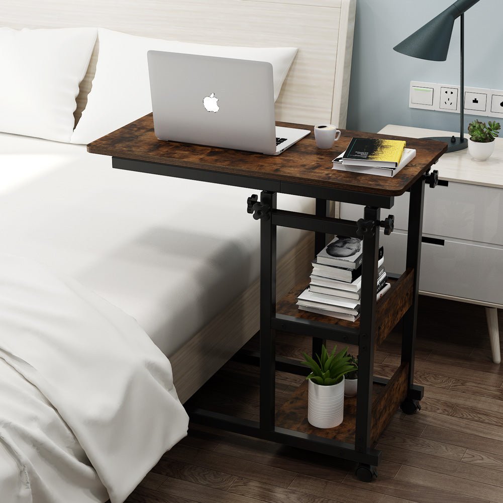 Mobile C Table, Height Adjustable Side Table with Storage Shelves