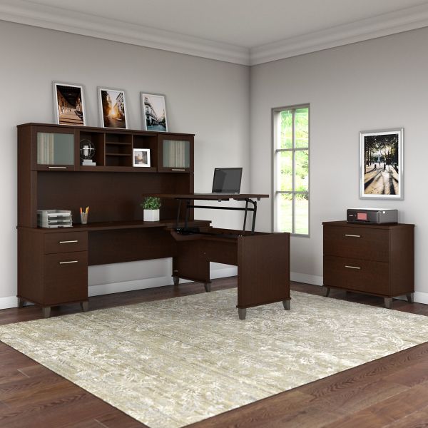 Bush Furniture Somerset 72W 3 Position Sit to Stand L Shaped Desk with Hutch and File Cabinet in Mocha Cherry