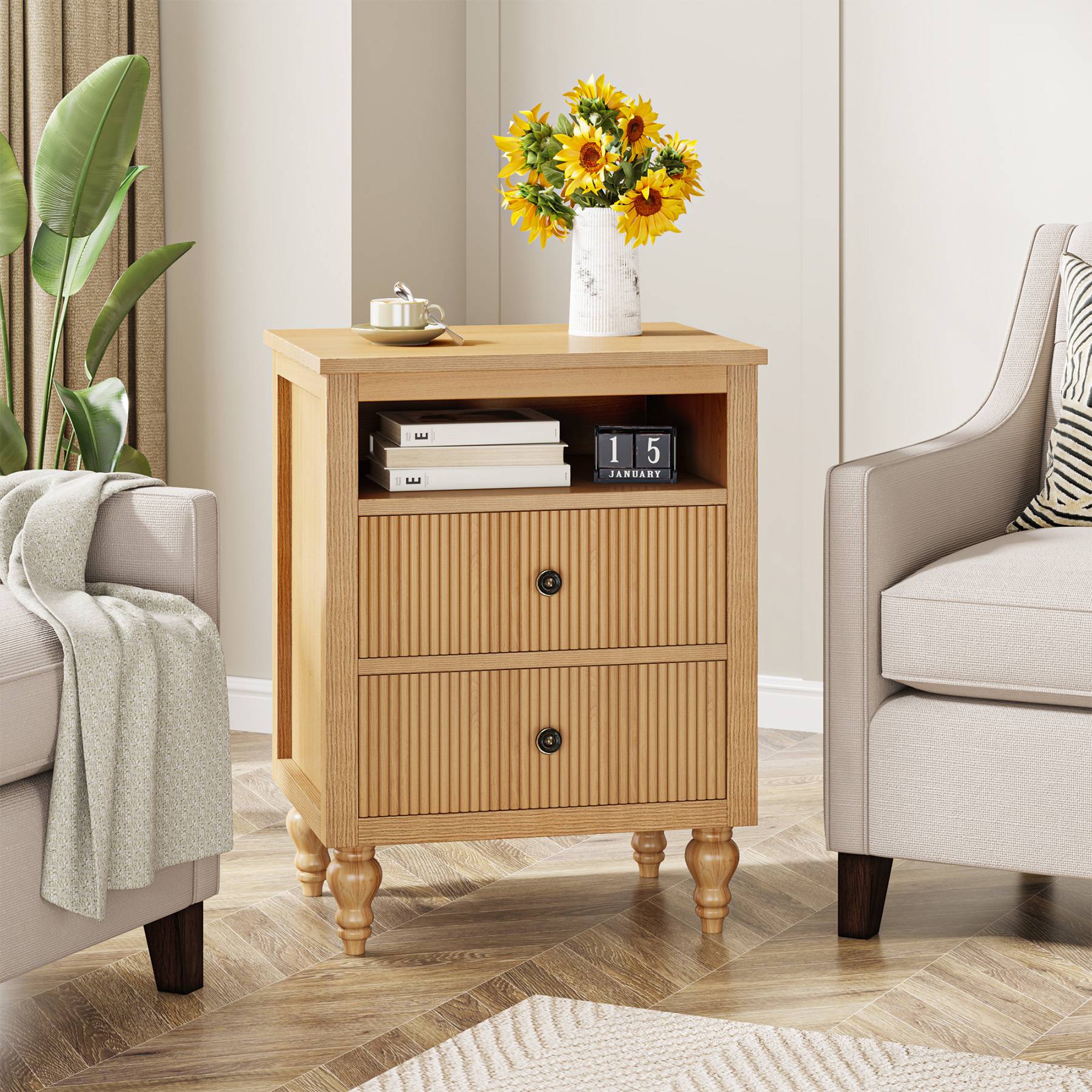 Wood Nightstand, 2 Drawers Sofa Side Table with Open Storage Space