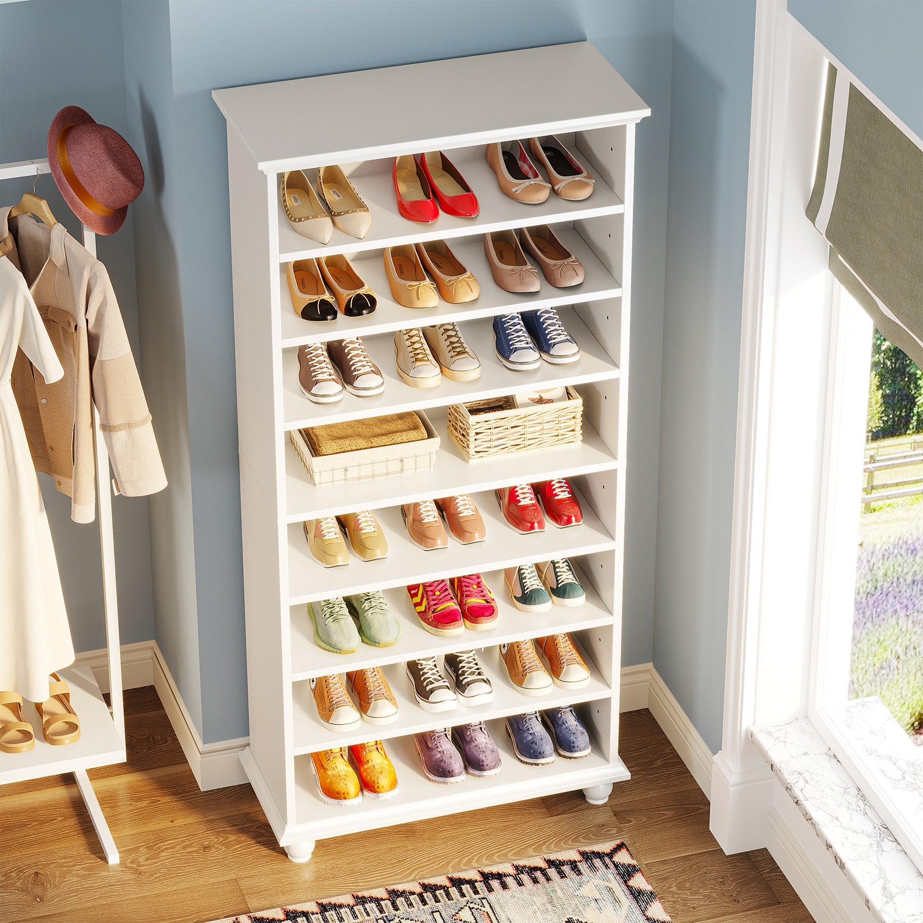 9-Tier Wood Shoe Cabinet Rack with LED Lighting & Solid Wood Legs