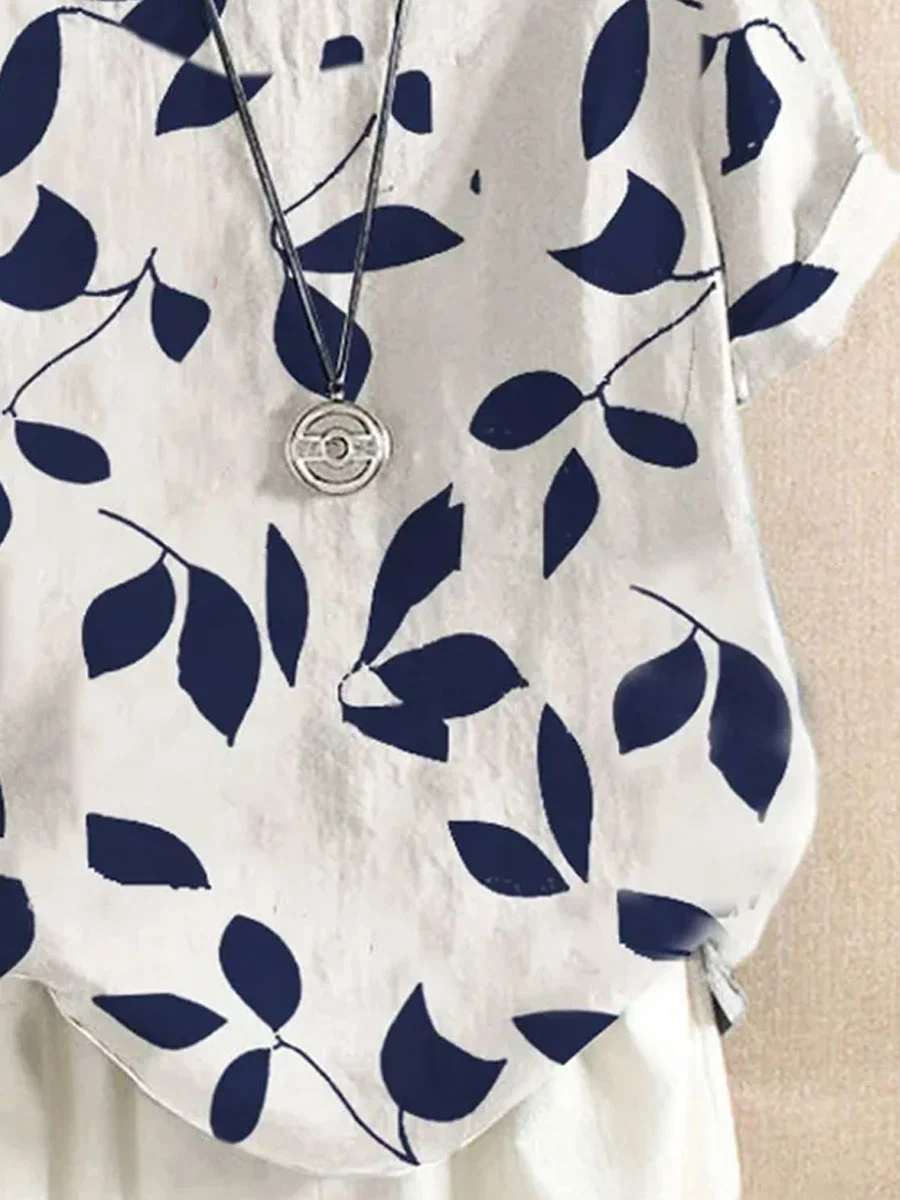 Round Neck Loose Casual Leaf Print Short-sleeved Blouse