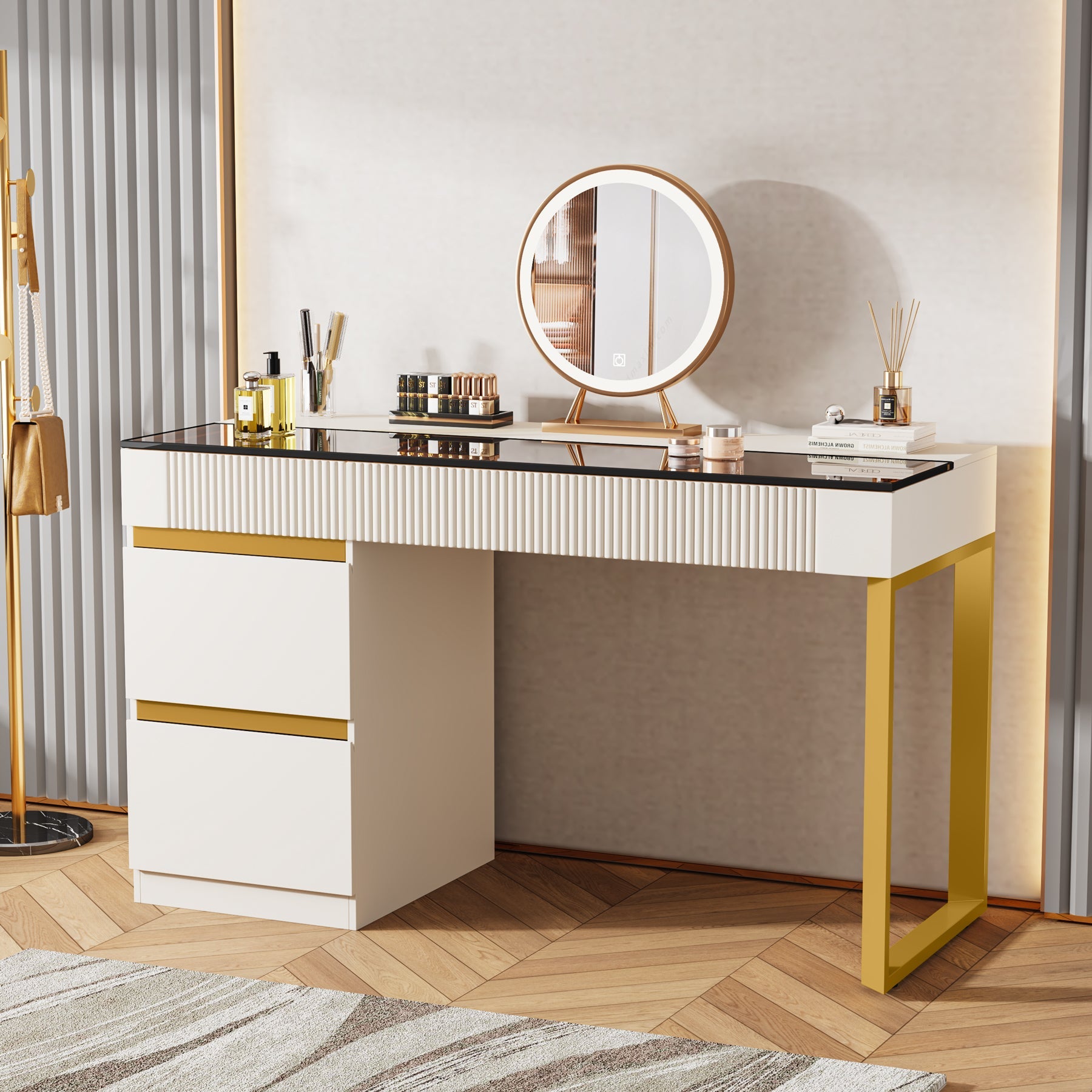 4-Drawer Makeup Vanity, Modern Dressing Table with Glass Desktop(Without Mirror)