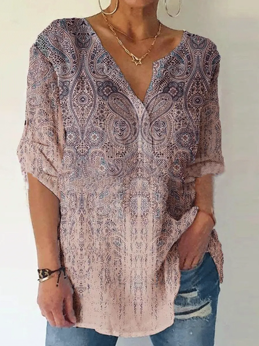 Cotton And Linen Fashion Print Pullover V-neck Sleeve Blouse