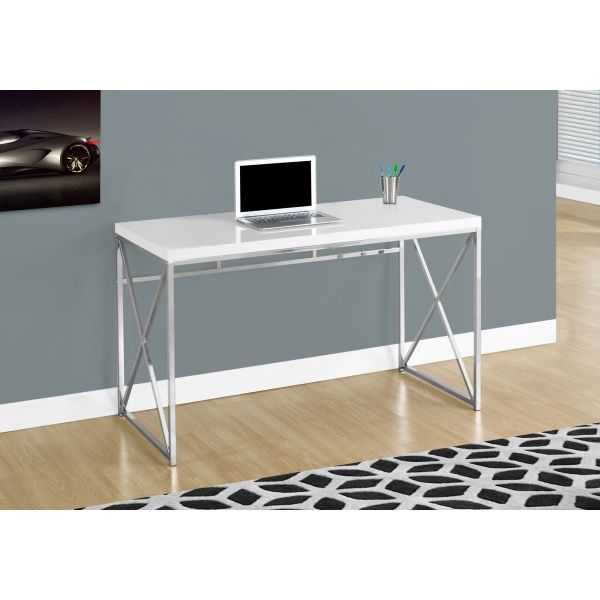 Computer Desk， Home Office， Laptop， Work， Glossy White Laminate， Chrome Metal， Contemporary， Modern