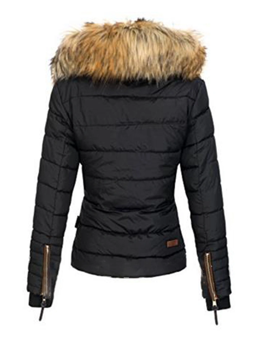 Faux fur collar zipper patchwork women's coat/black