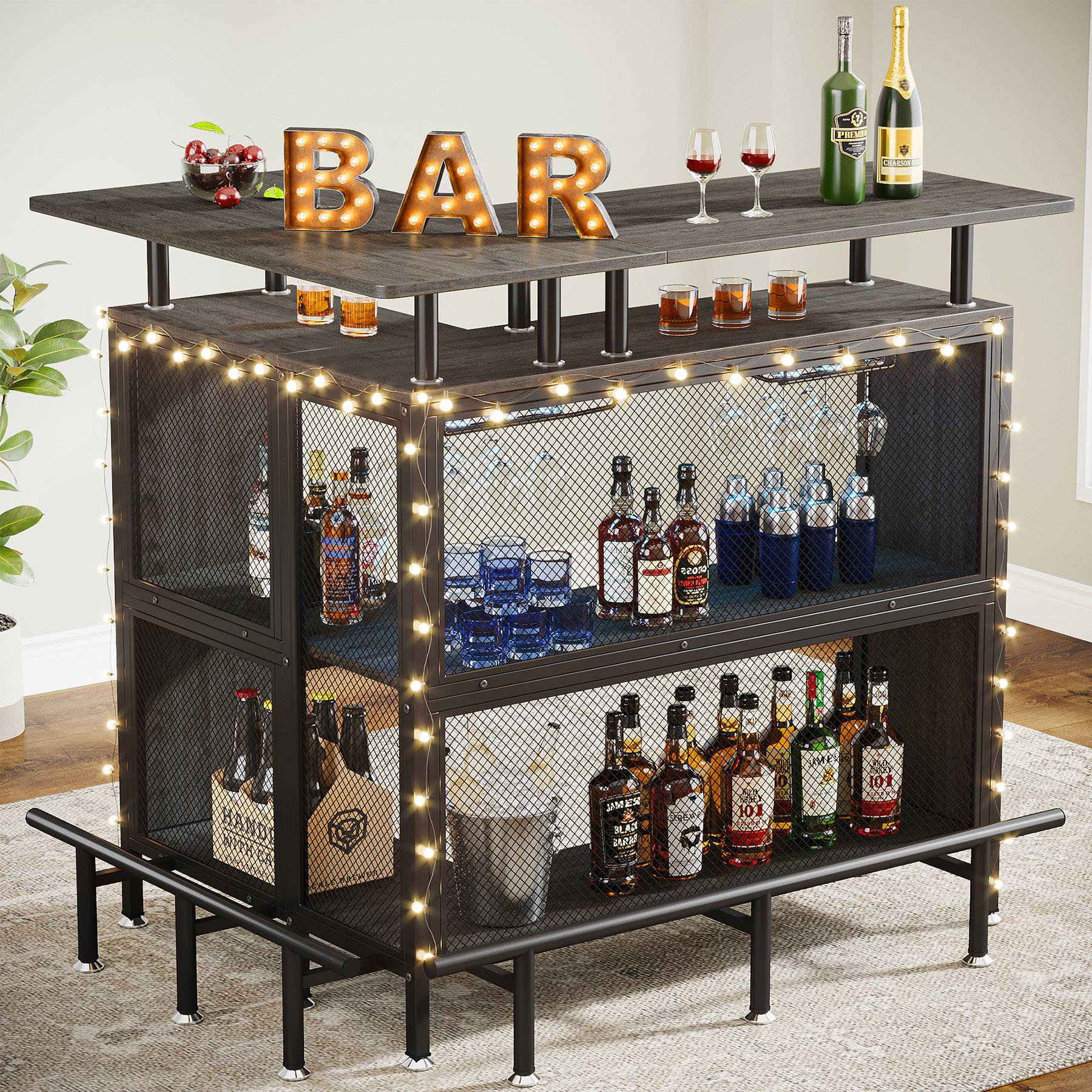 L-Shaped Home Bar Unit, Liquor Bar Table with Glasses Holders & Shelves