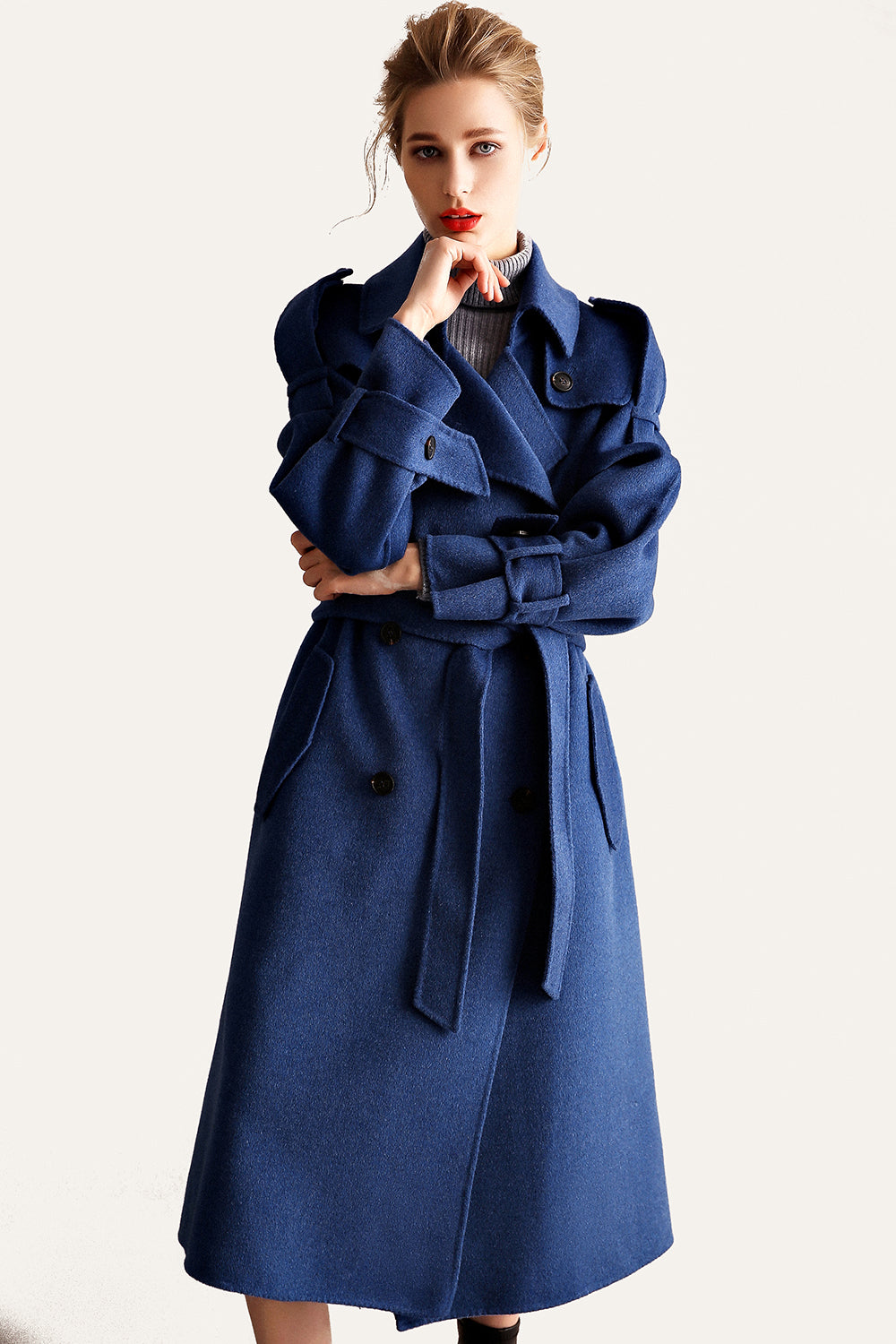 Blue Double Breasted Lapel Neck Long Wool Coat