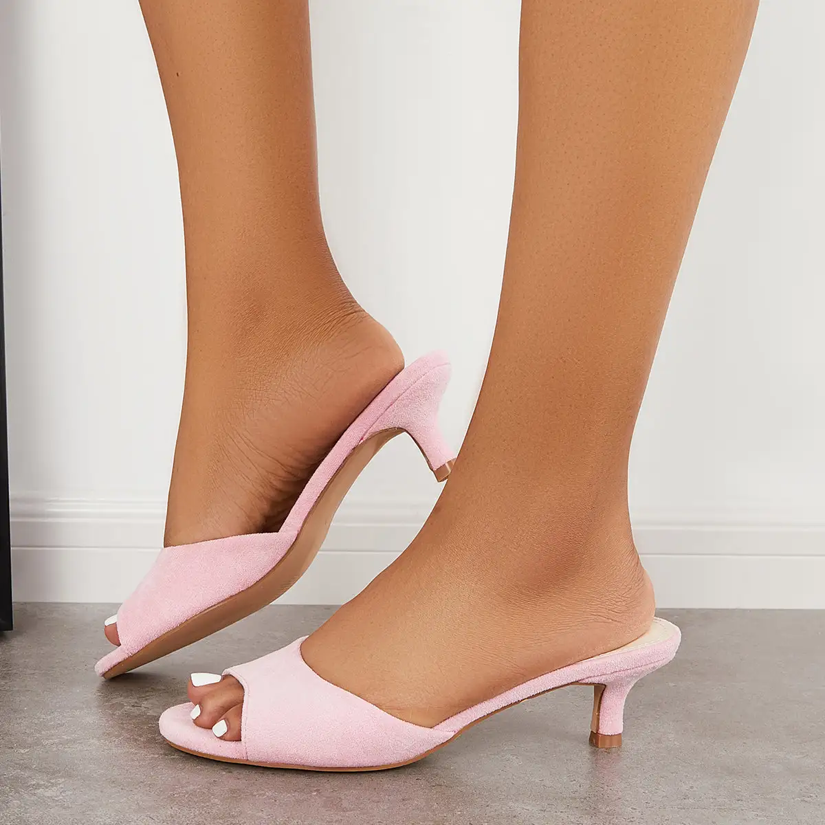 Peep Toe Low Kitten Heel Mules Slip on Dress Sandals