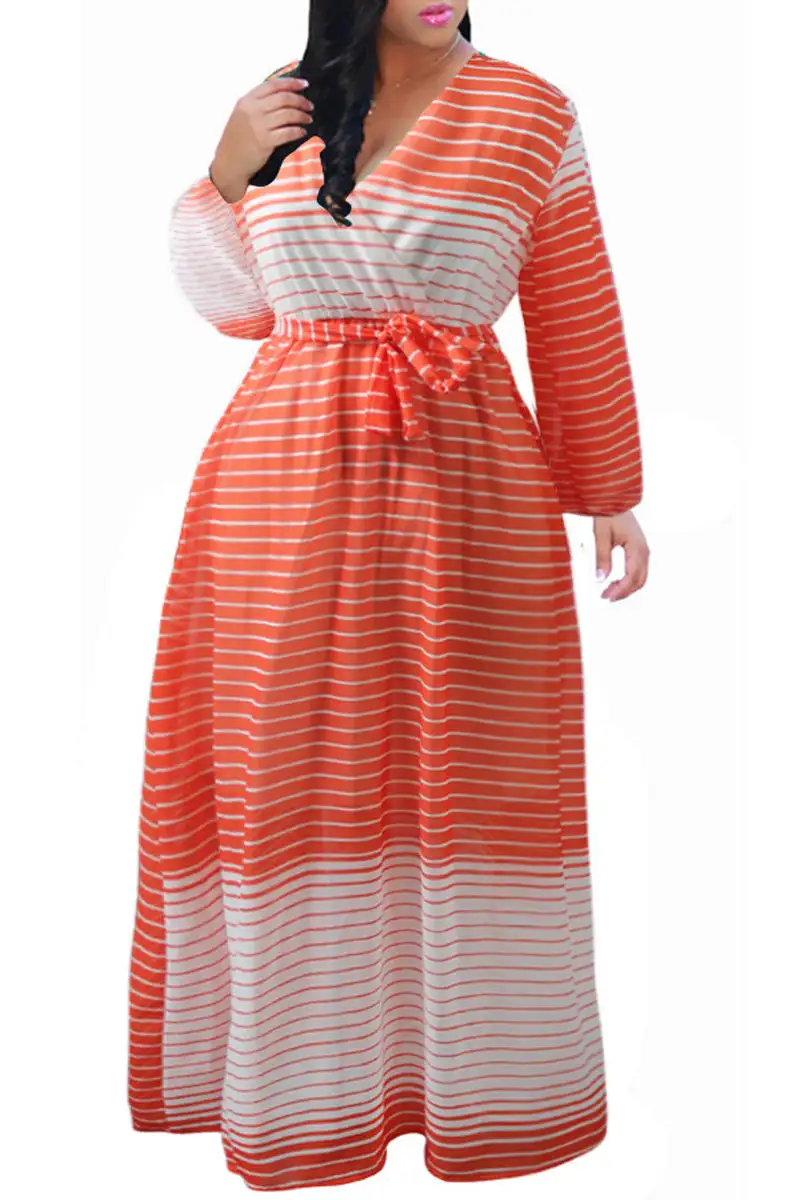 Plus Size Casual Chiffon Long Sleeve Printed Maxi Dresses