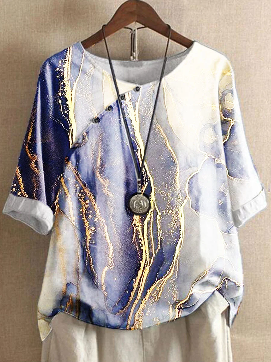 Round Neck Casual Loose Marble Print Short Sleeve Blouse