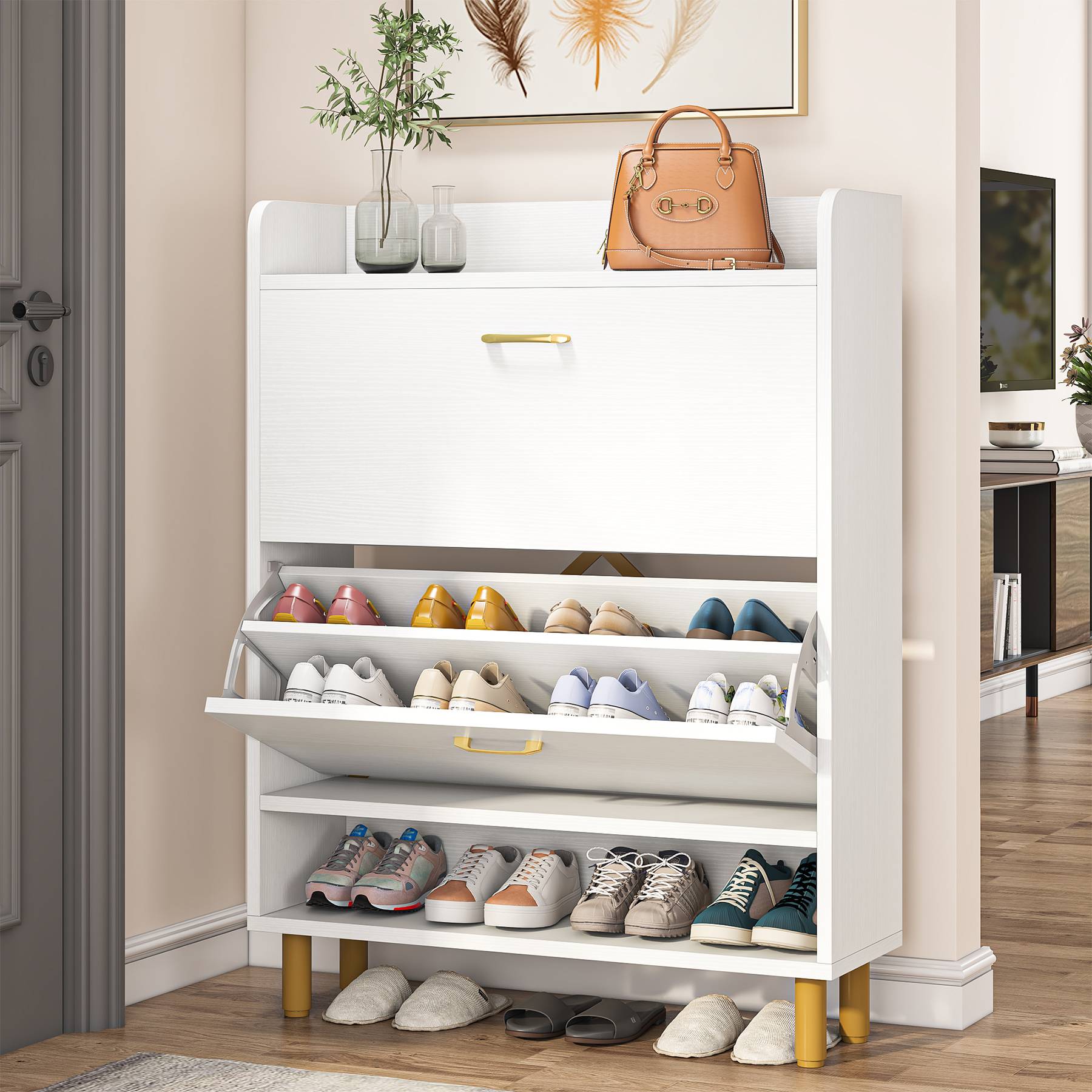 2-Tier Shoe Cabinet Shoe Organizer with Flip Doors & Open Shelves