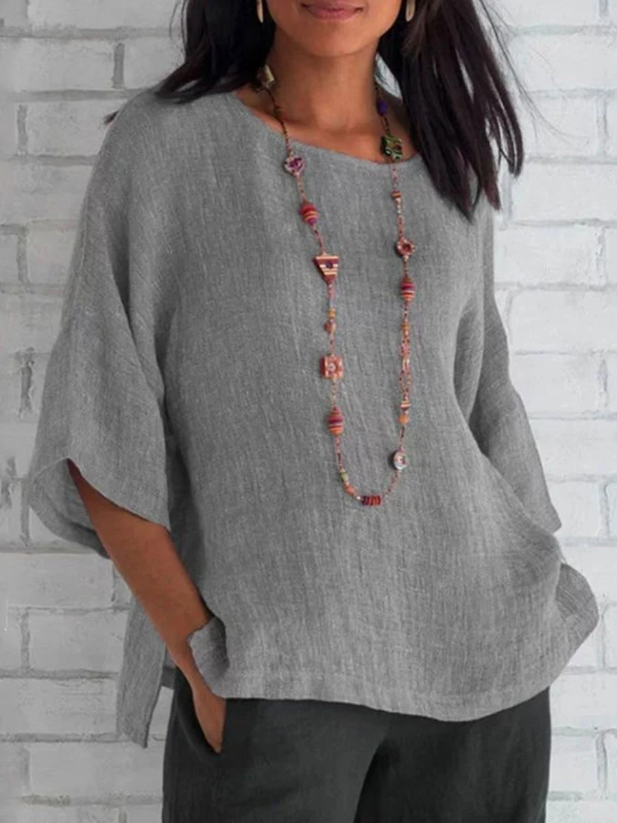 Round Neck Casual Loose Solid Color Mid-sleeve Blouse