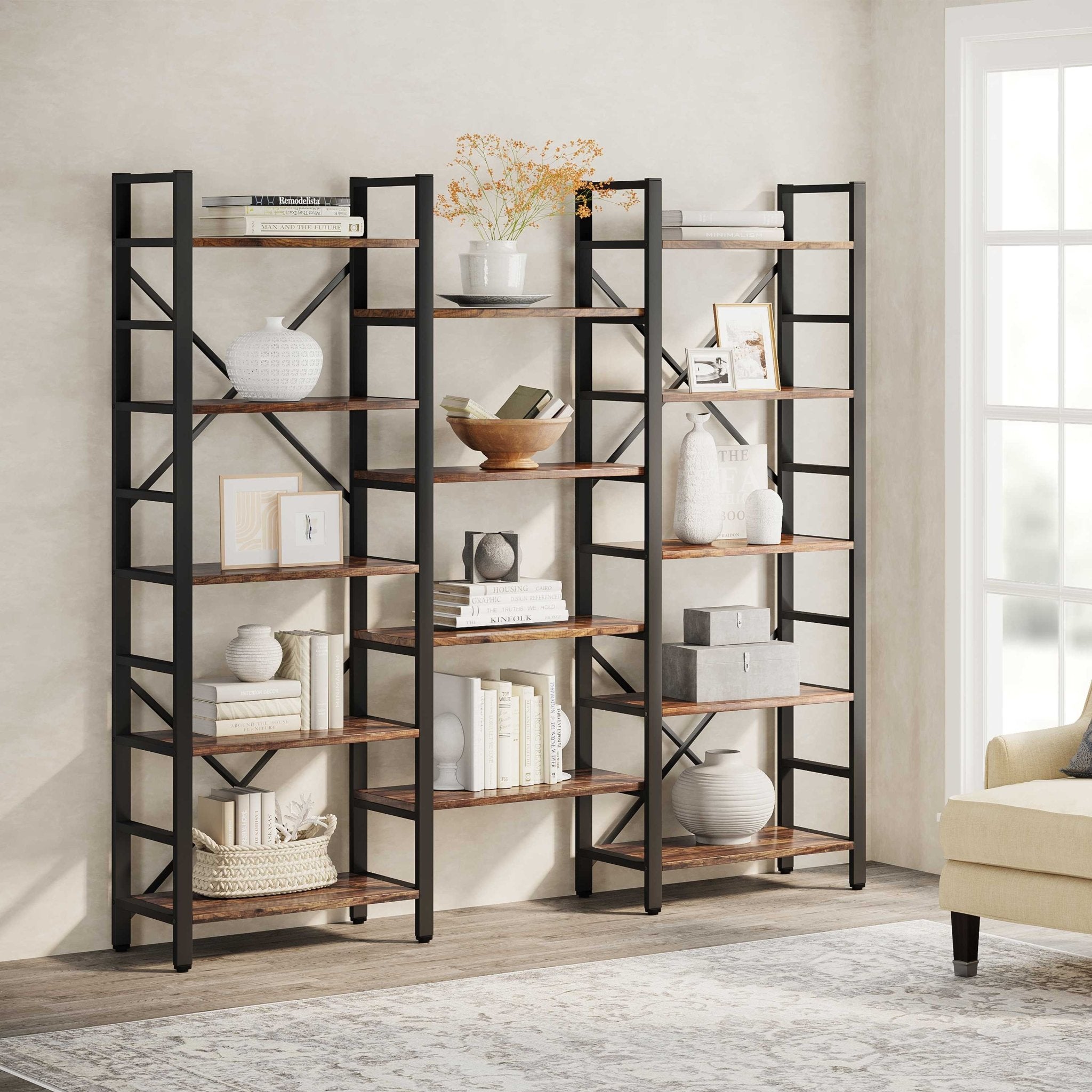 Industrial Bookshelf, Triple Wide 14-Shelves Etagere Bookcase