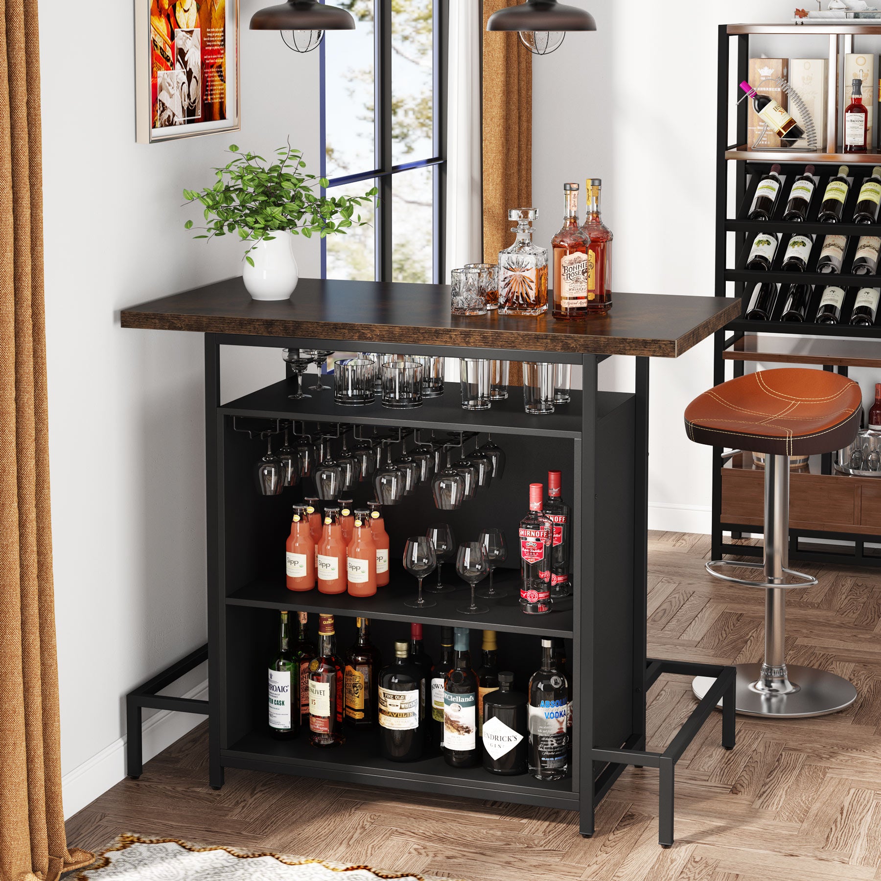 Industrial Home Bar Unit, 3-Tier Liquor Bar Table with Glasses Holder