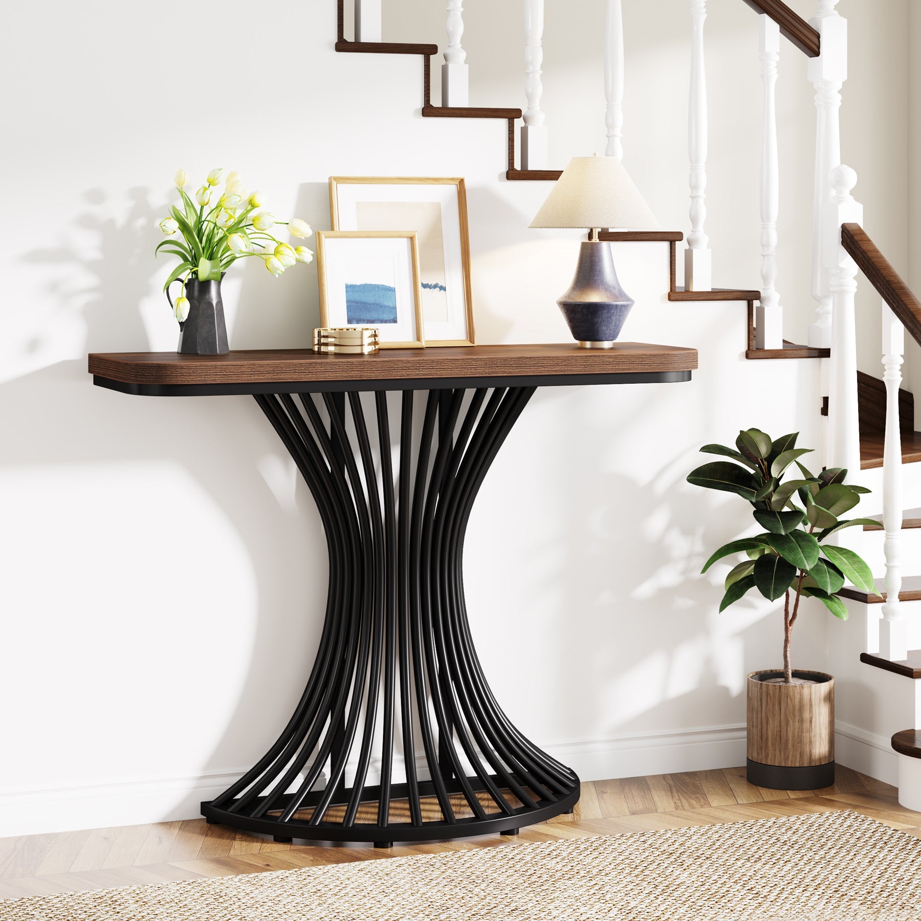 39-Inch Console Table, Accent Sofa Table with Geometric Metal Base