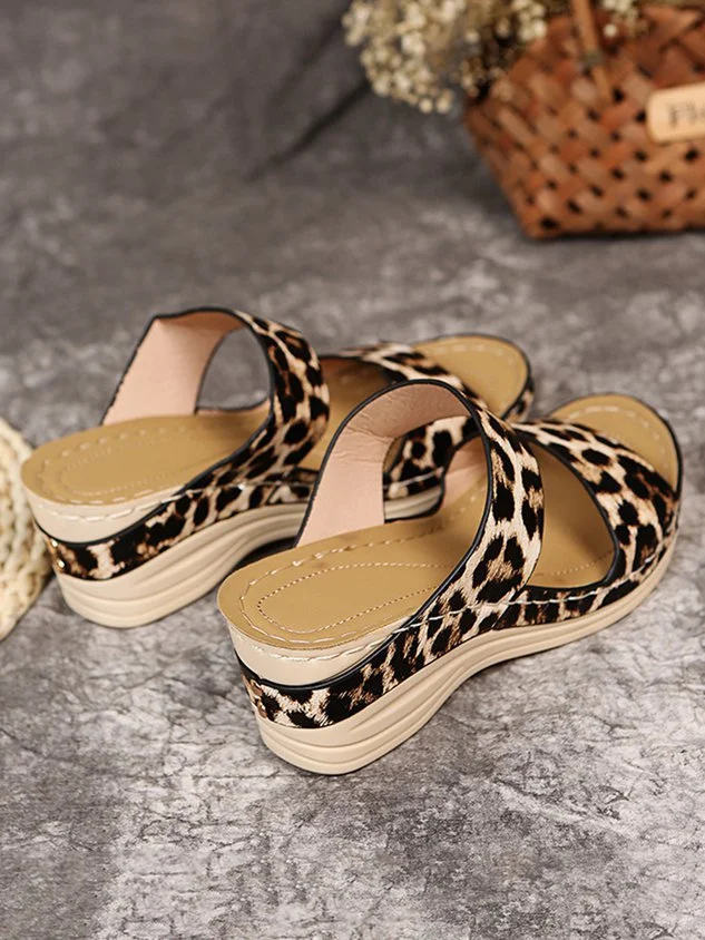 Leopard Print Strap Wedge Sandals Slippers