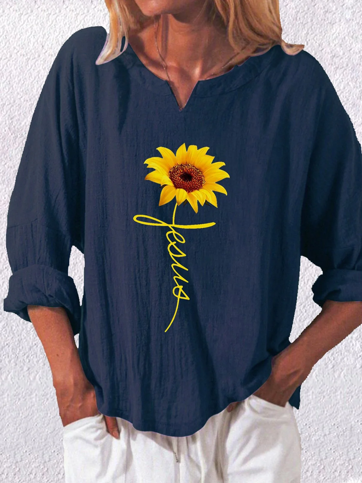Women's Sunflower Jesus Faith Print Cotton Shirt