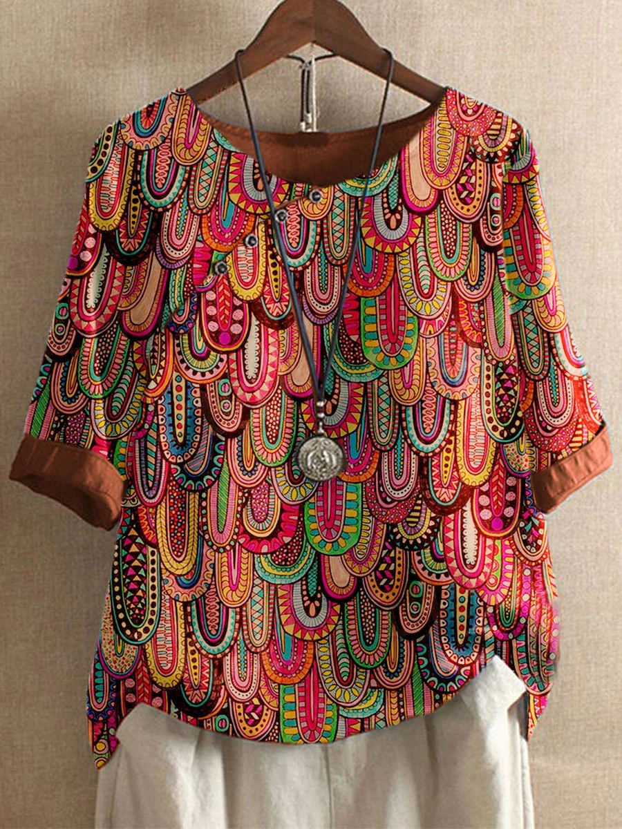 Round Neck Casual Loose Vintage Print Short Sleeve Blouse