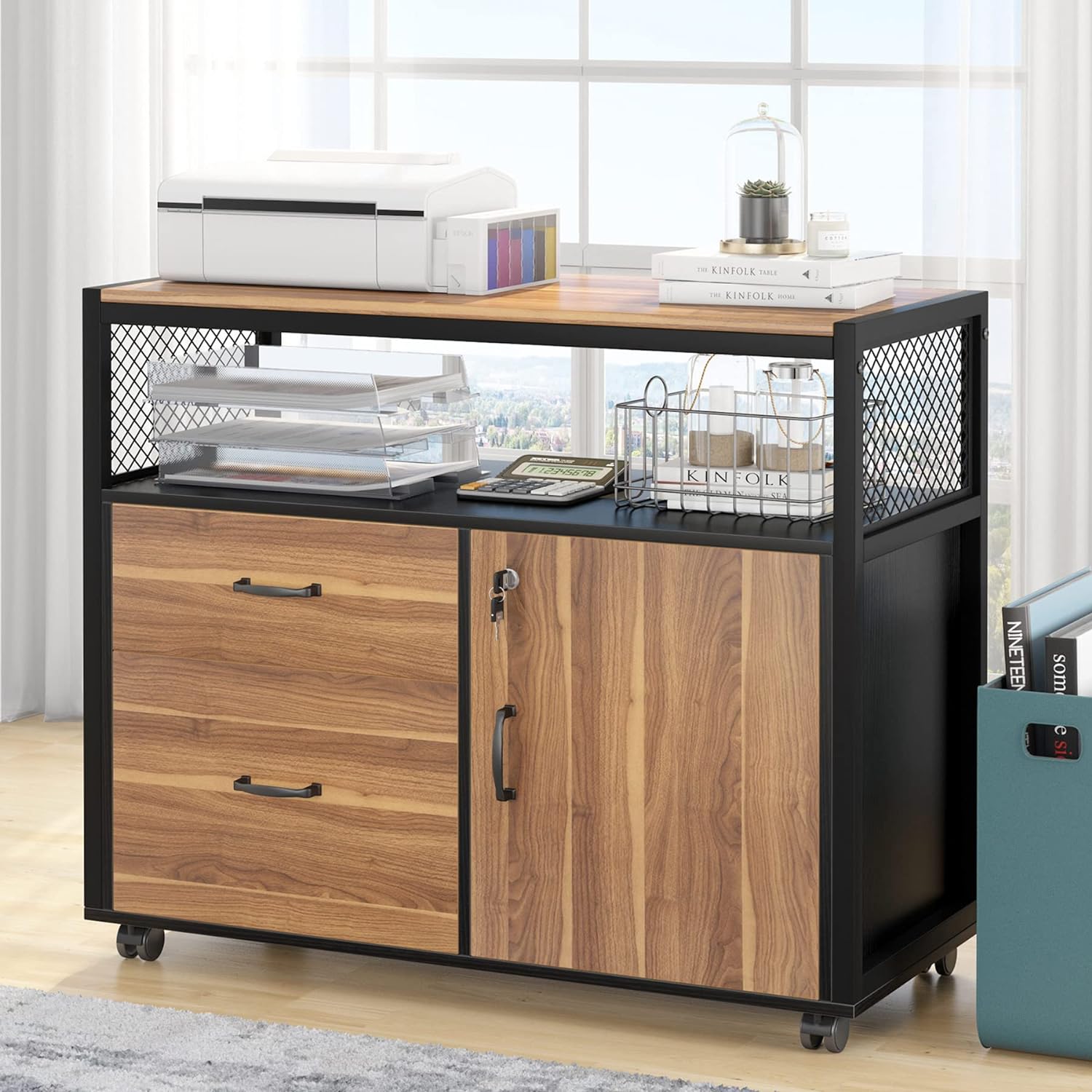 Lockable File Cabinet Printer Stand with Drawers & Caster