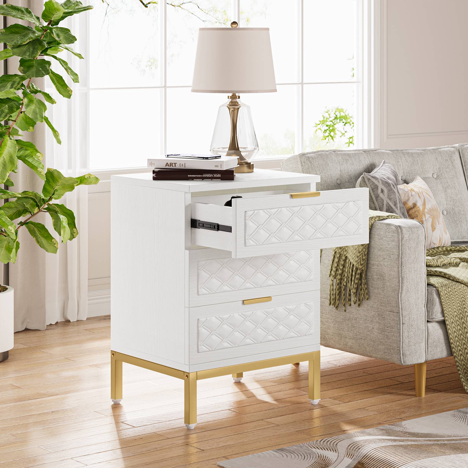 3-Drawer Nightstand, Modern Beside Table End Table with Golden Legs