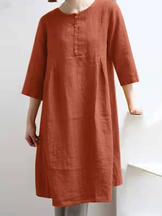 Women's Casual Retro Cotton Linen Solid Color Pleated Loose Shirt Dress Three-quarter Sleeve Dress