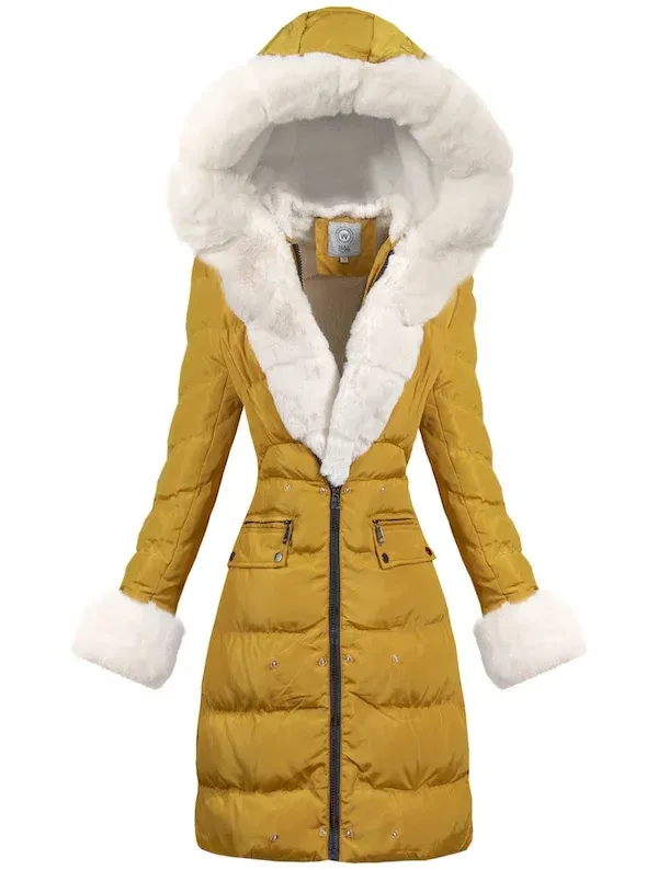 Faux Fur Hooded yellow Down Coat