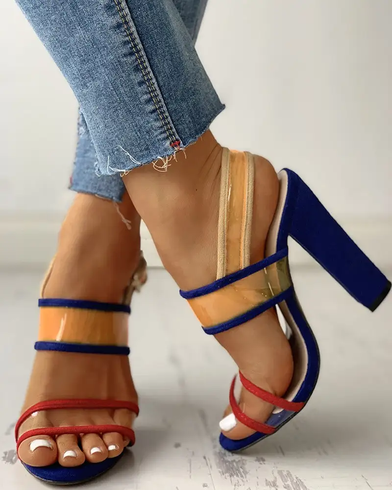 Contrast Color Peep Toe Chunky Heels