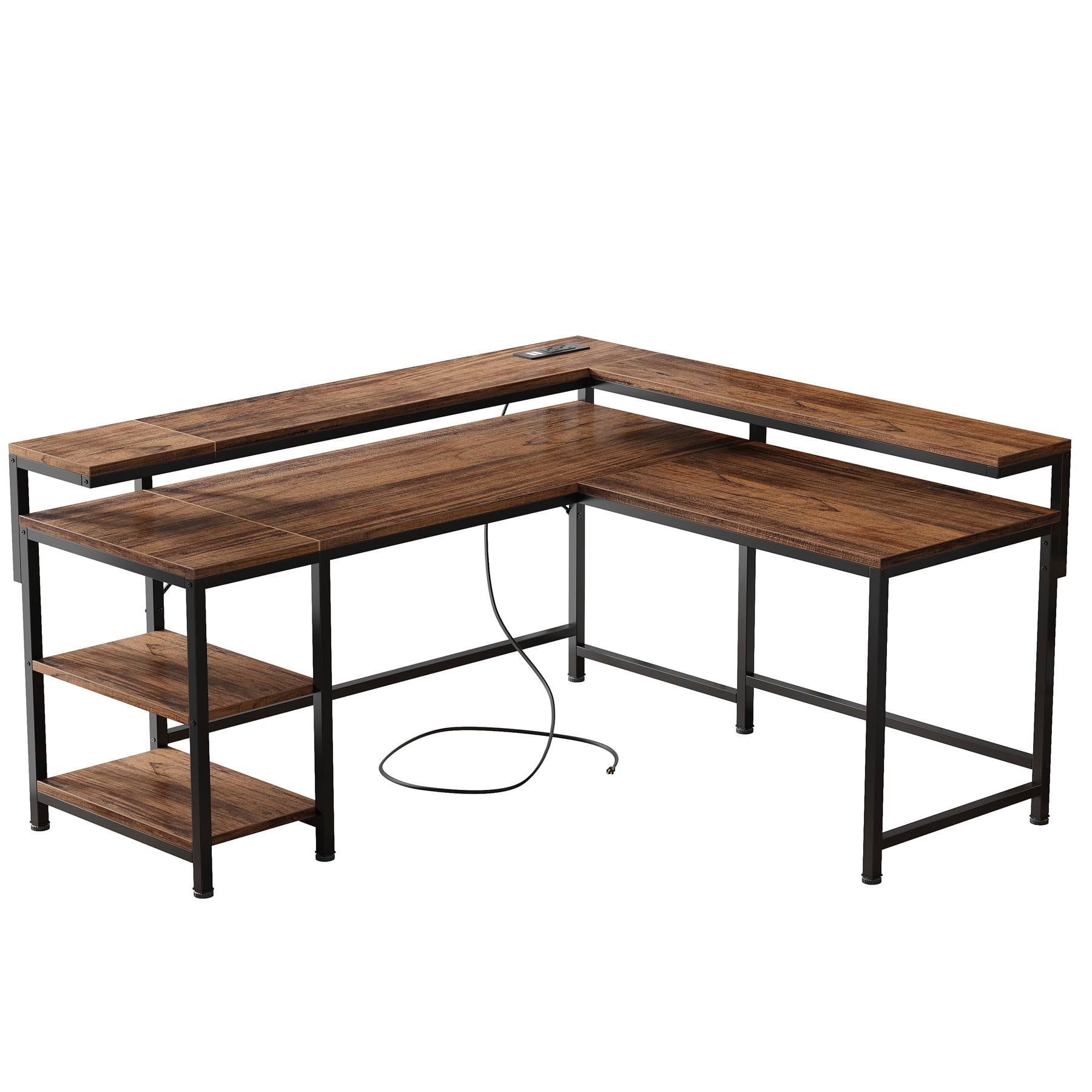 Reversible L-Shaped Desk, Corner Desk with Power Outlets & Monitor Shelves