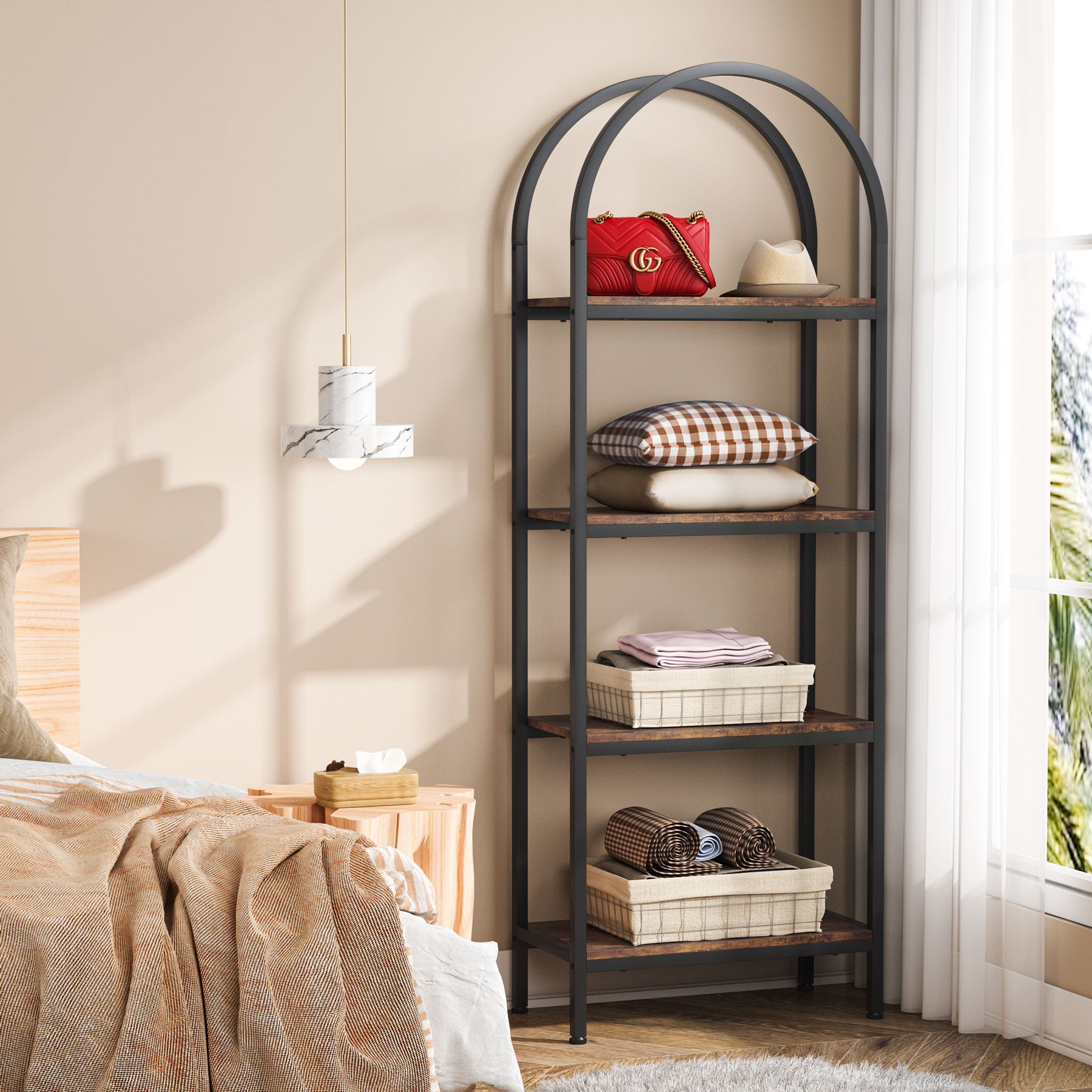 4-Tier / 5-Tier Bookshelf, Arched Bookcase Display Rack with Storage Shelves