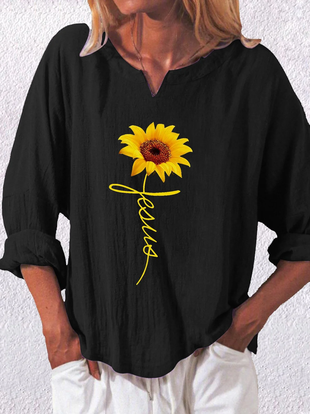 Women's Sunflower Jesus Faith Print Cotton Shirt