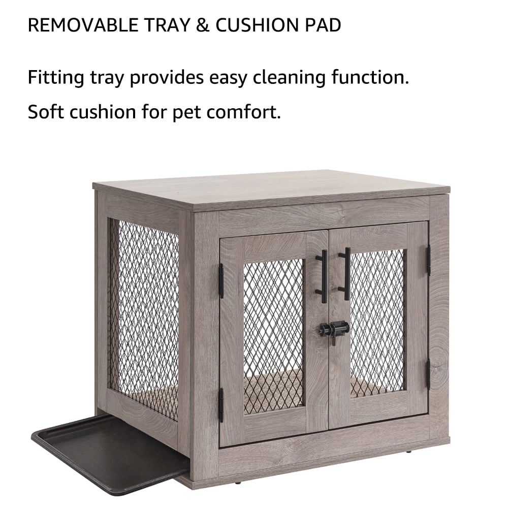 Unipaws Furniture Style Dog Crate with Tray，Wooden Dog Kennel Mesh Dog House Small Size