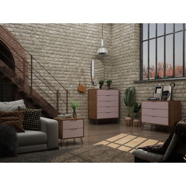 Rockefeller 3 Piece Bedroom Set Tall 5-Drawer Dresser， Standard 3- Drawer Dresser and 2-Drawer Nightstand in Nature and Rose Pink
