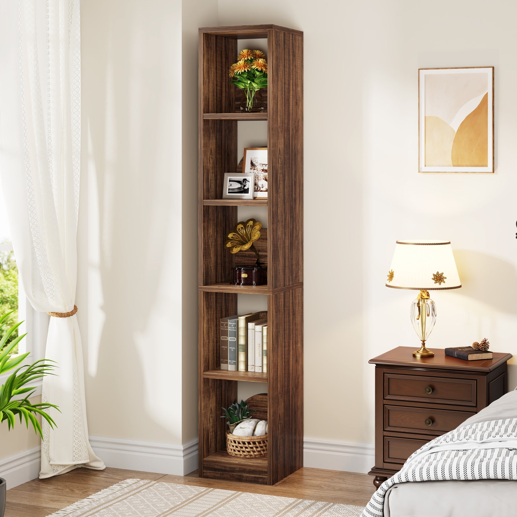 5-Tier Wood Bookcase, Tall Corner Bookshelf Narrow Display Shelf