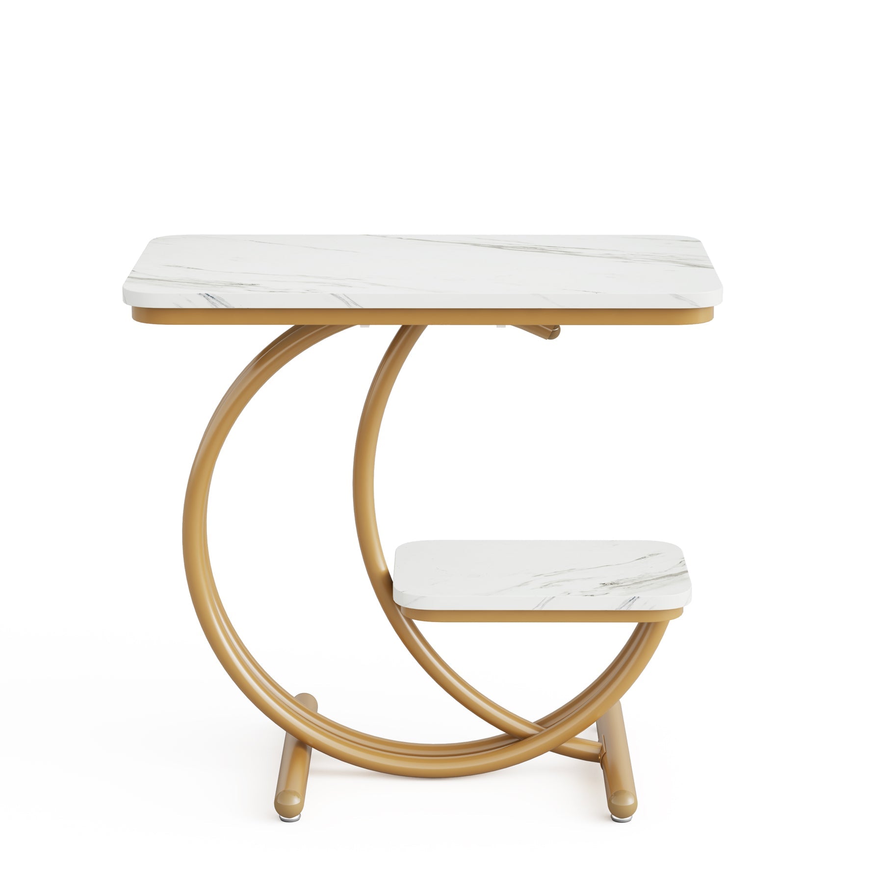 2-Tier End Table, Faux Marble Side Table with C-Shaped Metal Legs