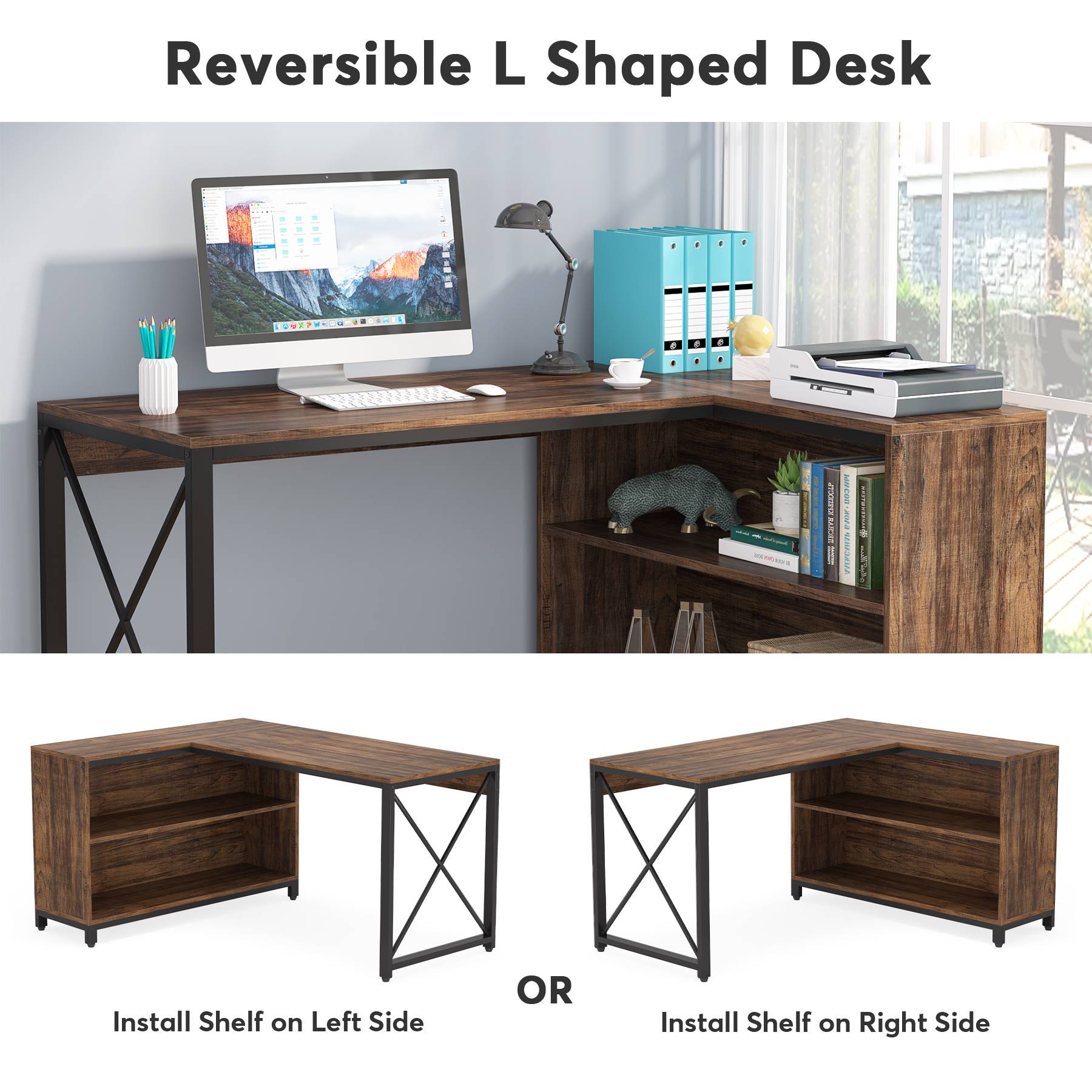 Reversible L-Shaped Desk, Corner Computer Desk with Shelves