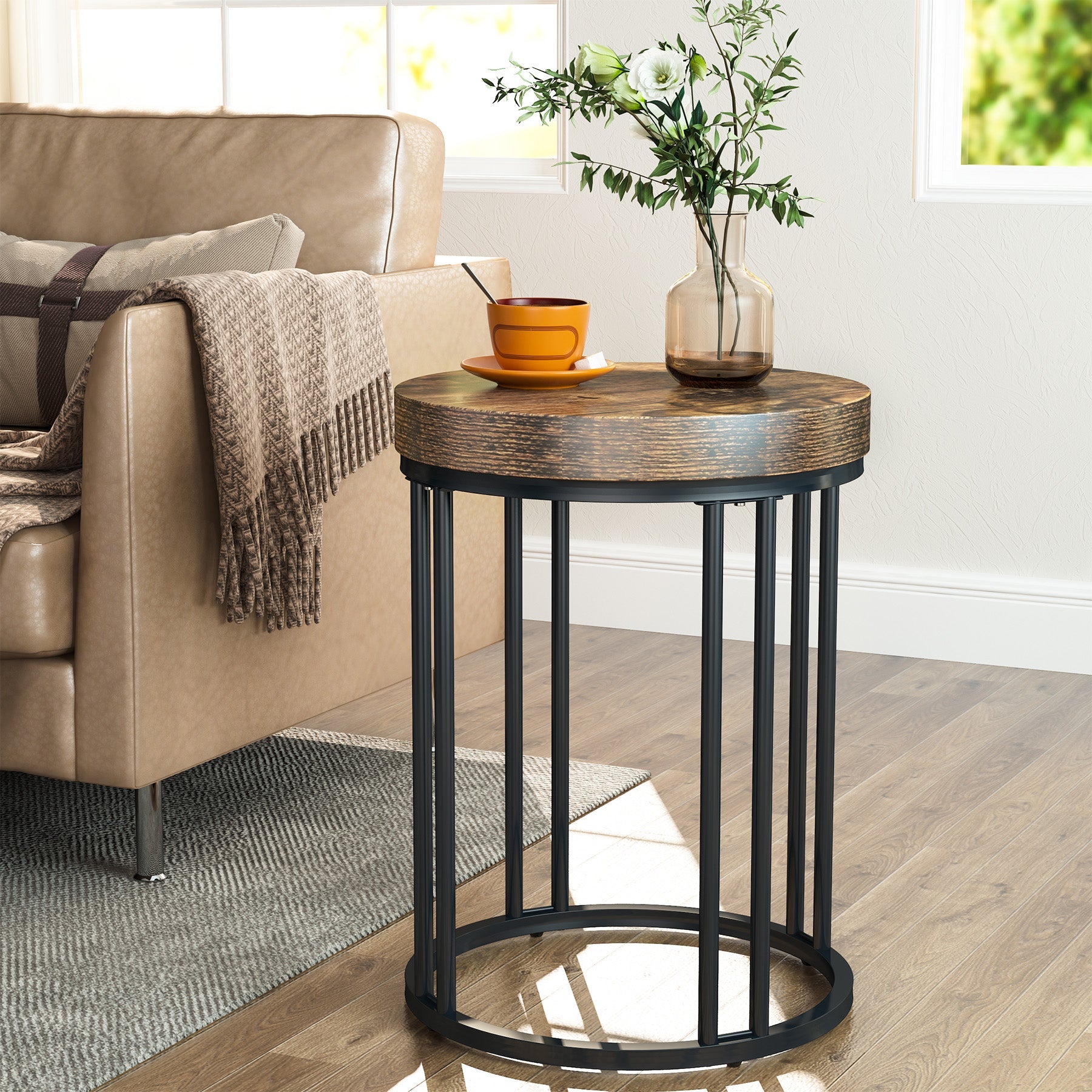 Round End Table, Small Accent Side Table with Metal Frame