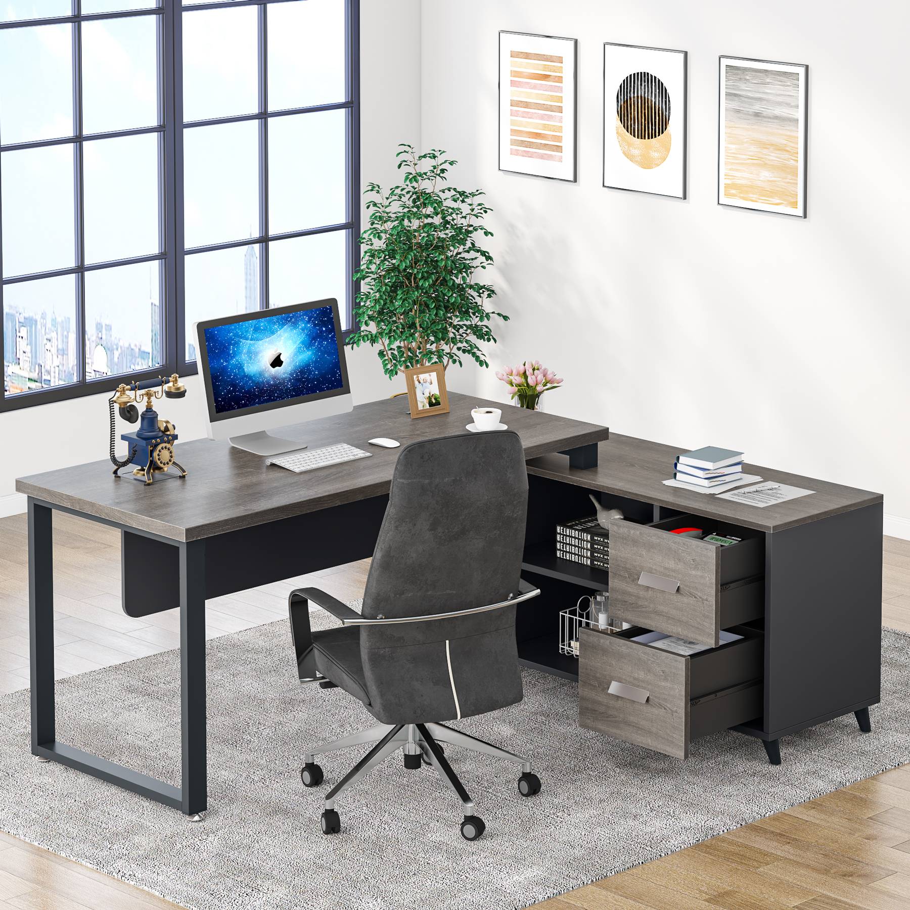 55 Inch L-Shaped Computer Executive Desk with 47 inch File Cabinet