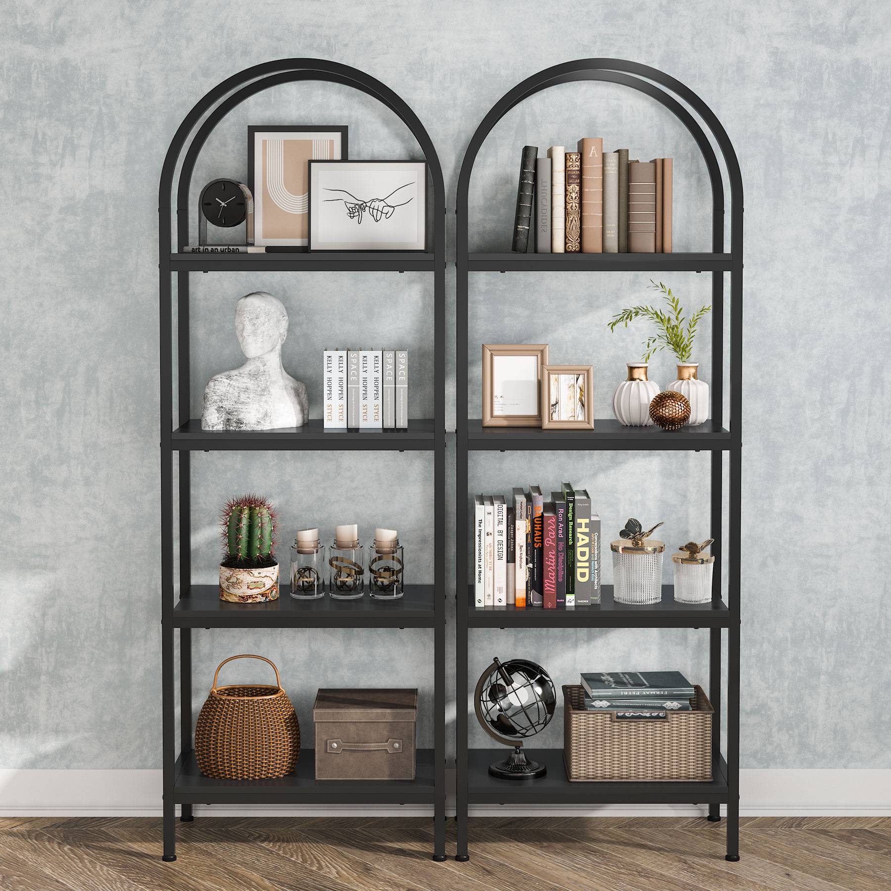 4-Tier / 5-Tier Bookshelf, Arched Bookcase Display Rack with Storage Shelves