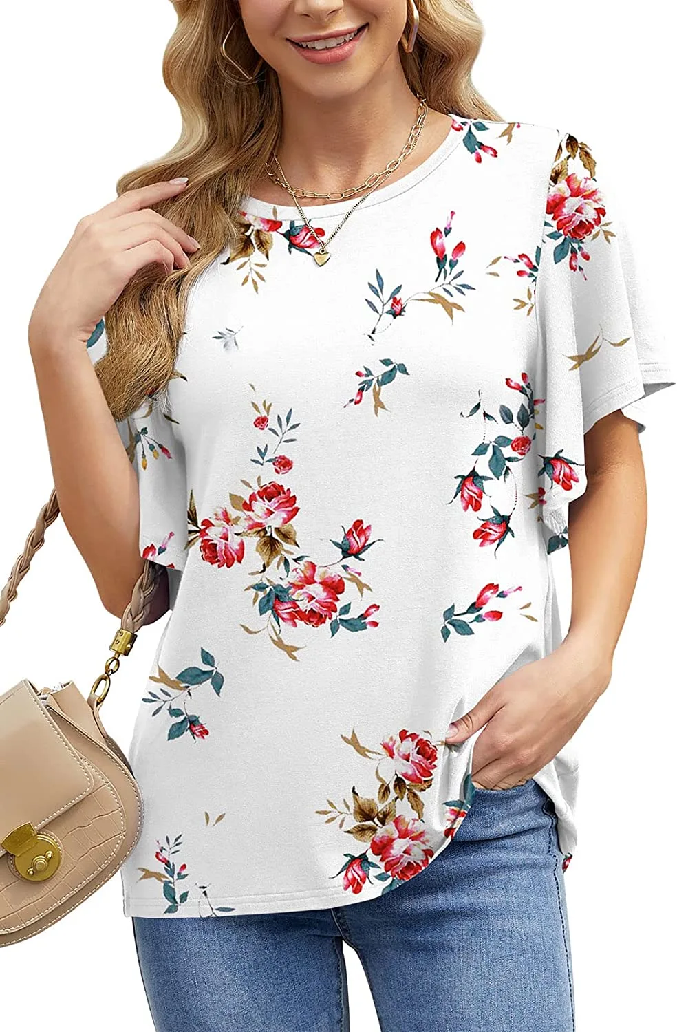 Womens Cute Crew Neck Ruffle Short Sleeve Shirts Casual Loose Summer Tops